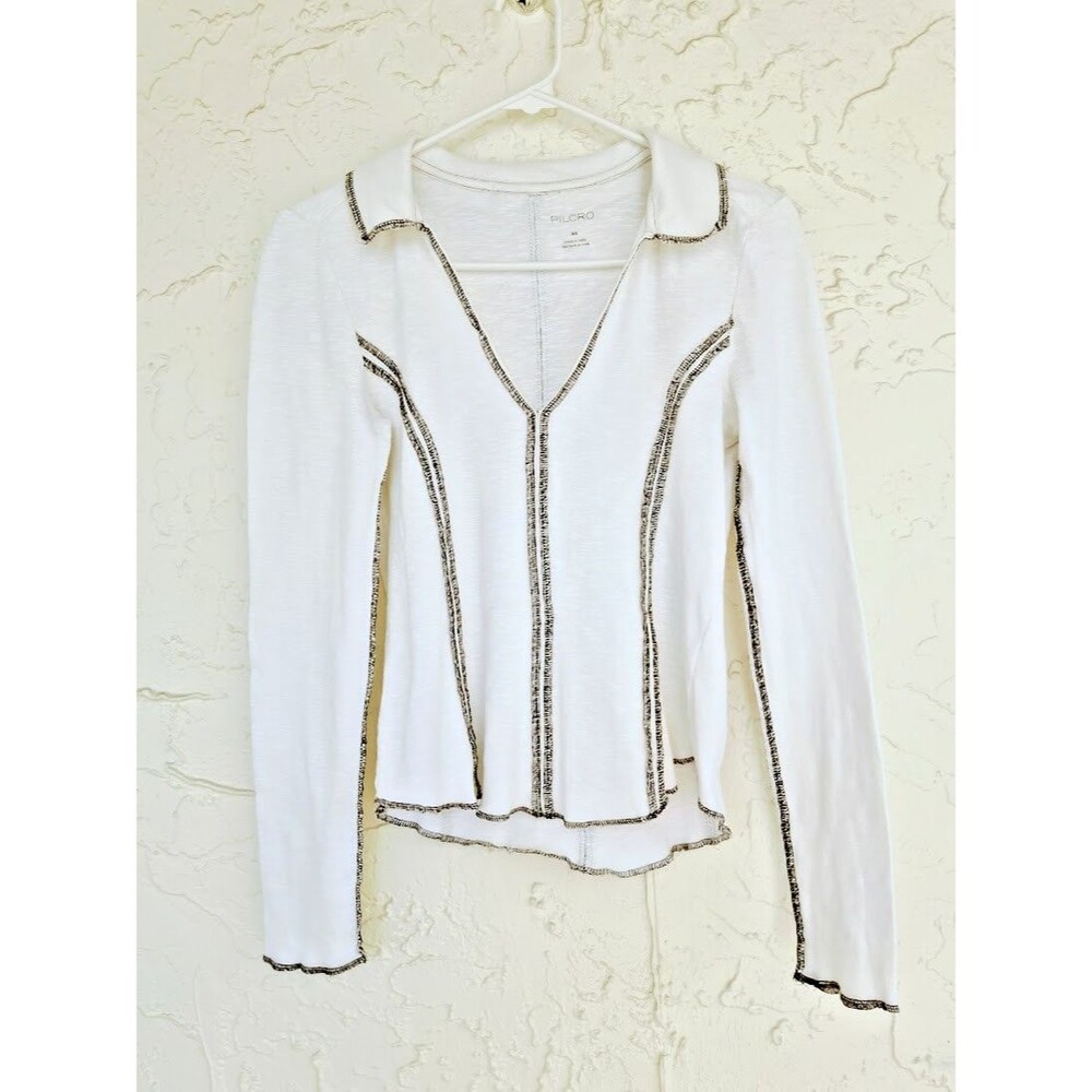 Pilcro Women XS Ivory V Neck Collared Knit Top Long Sleeve Exposed Seam Sweater